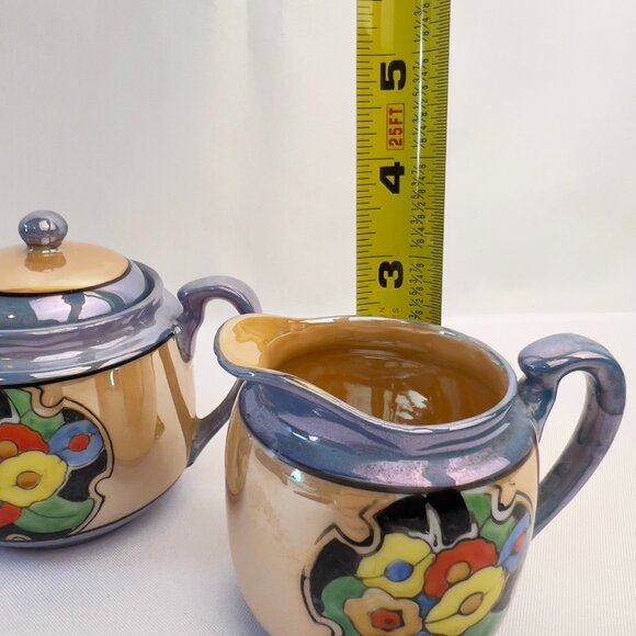 Japanese Vintage Lusterware Sugar & Creamer Set Iridescent Purple Glaze - Picture 10 of 10